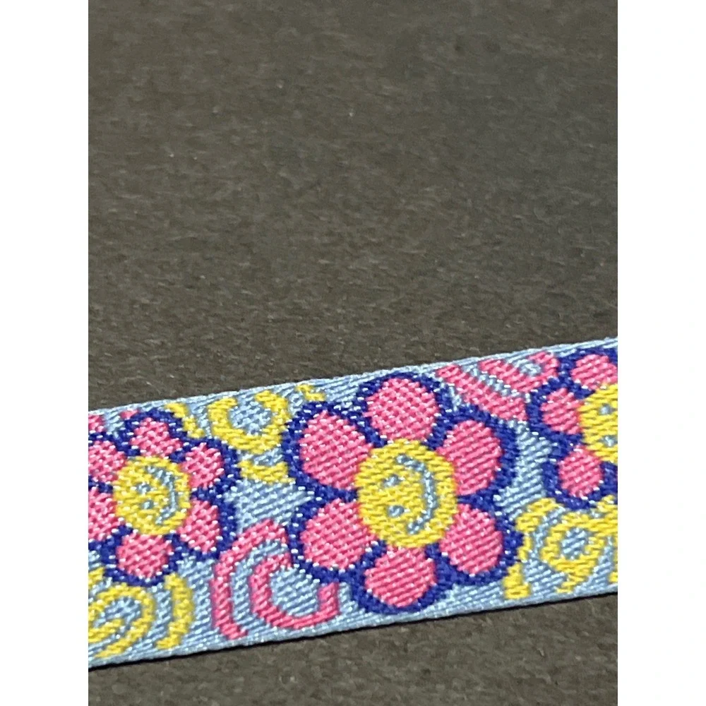Set of 2 Lanyards Checkered Star and Floral Smiley Face Blue Pink Black White